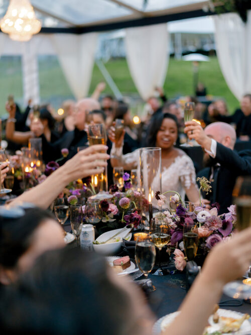 Guests raising a toast under a clear-top tent at a Berkshires mountain wedding